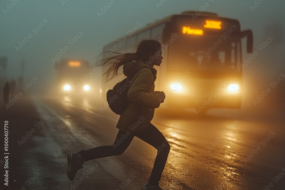 © grigvovan - By running across road in front of bus approaching, teenage girl puts her life and health at risk. © grigvovan - By running across road in front of bus approaching, teenage girl puts her life and health at risk.