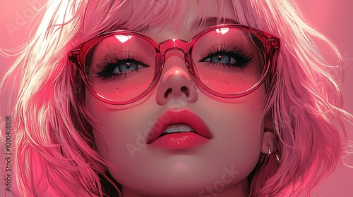 Closeup portrait of a woman with pink hair and red glasses