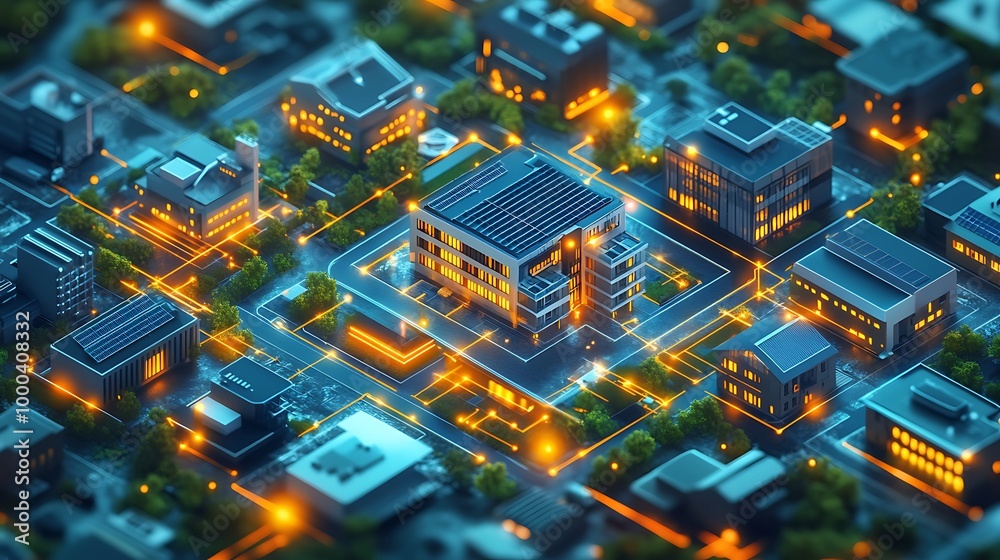 Obraz premium Smart city concept, Futuristic urban landscape with interconnected buildings and glowing lines. Illustration of digital transformation and technological advancements