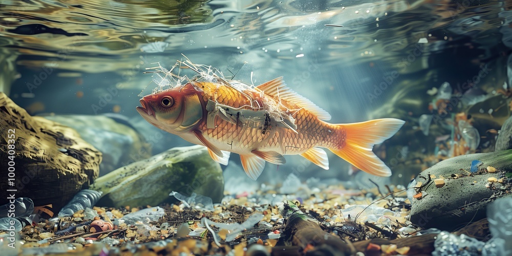 Naklejka premium Fish swimming in a polluted river surrounded by plastic waste and debris underwater