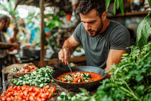 Un hombre concentrado mezclando ingredientes frescos como tomates y pepinos en un gran tazón mientras prepara gazpacho en un entorno natural.