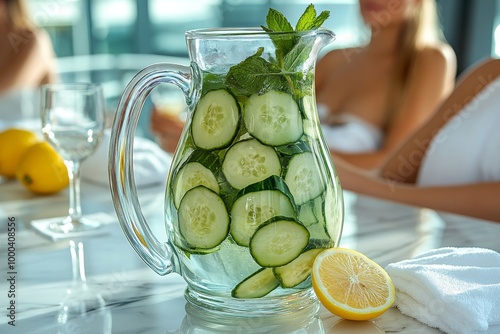 Una jarra de agua refrescante infusionada con rodajas de pepino y limón, adornada con hojas de menta, perfecta para un día soleado.  photo