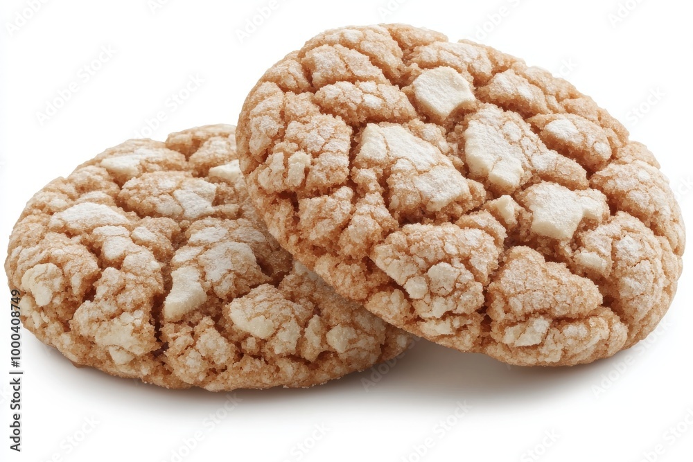 Dos galletas crujientes con grietas en la superficie, hechas con almendra y decoradas con azúcar glas. Dos galletas crujientes con grietas en la superficie, hechas con almendra y decoradas con azúcar glas.