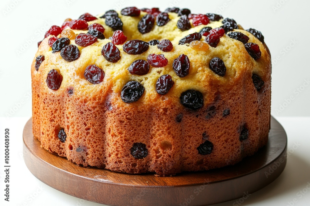 Pastel de frutas decorado con pasas y cerezas secas, horneado en un molde alto y esponjoso. Pastel de frutas decorado con pasas y cerezas secas, horneado en un molde alto y esponjoso.