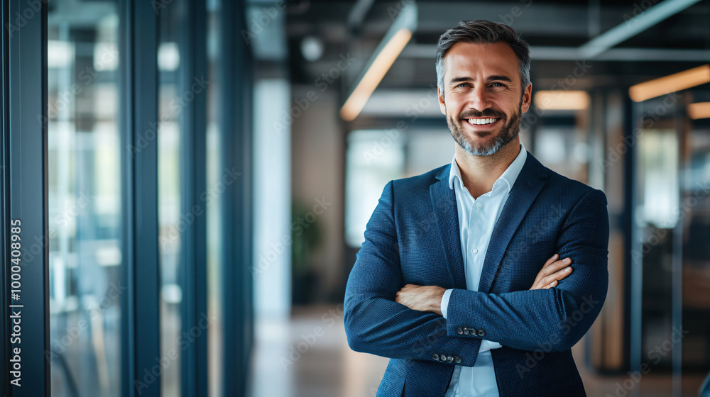 Fototapeta premium Confident businessman stands with crossed arms and a smile in a sleek office building