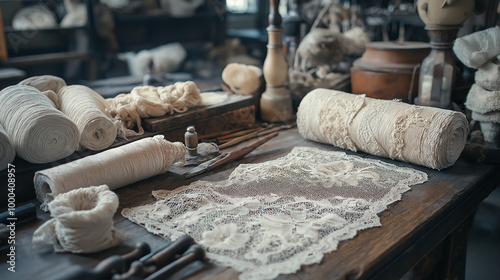 Historical Lace Making, a timeline of the history of lace making, with copy space, International Lace Day