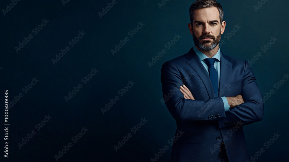 Obraz premium Confident businessman with folded arms stands against a dark backdrop, dressed in a suit and tie