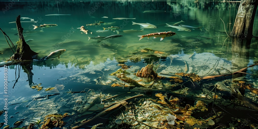 Fish swimming in a polluted lake surrounded by submerged plants and floating debris in murky water Fish swimming in a polluted lake surrounded by submerged plants and floating debris in murky water