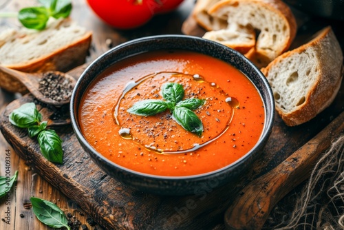 Un bol de sopa de tomate fresco decorado con hojas de albahaca y un chorrito de aceite de oliva, acompañado de rebanadas de pan crujiente. photo