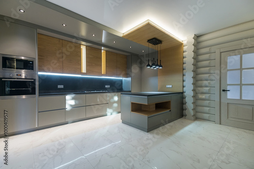 Wallpaper Mural The interior of a modern kitchen in a wooden house made of light logs. Light grey .kitchen set with built-in appliances. Torontodigital.ca