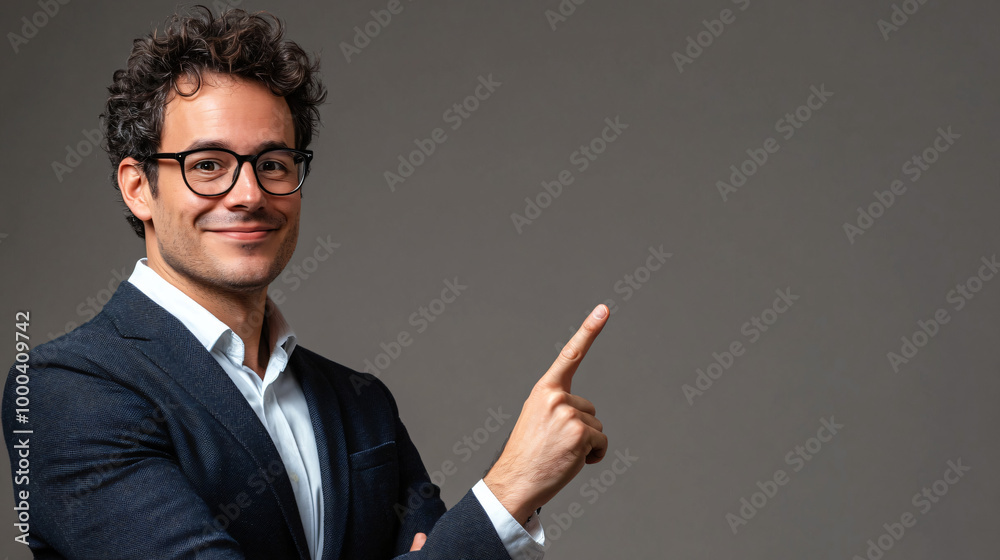 Businessman in a suit pointing to the right on a gray background Businessman in a suit pointing to the right on a gray background