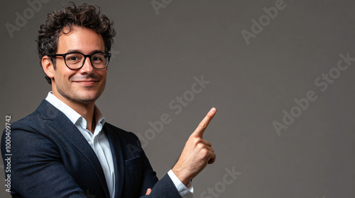 Businessman in a suit pointing to the right on a gray background