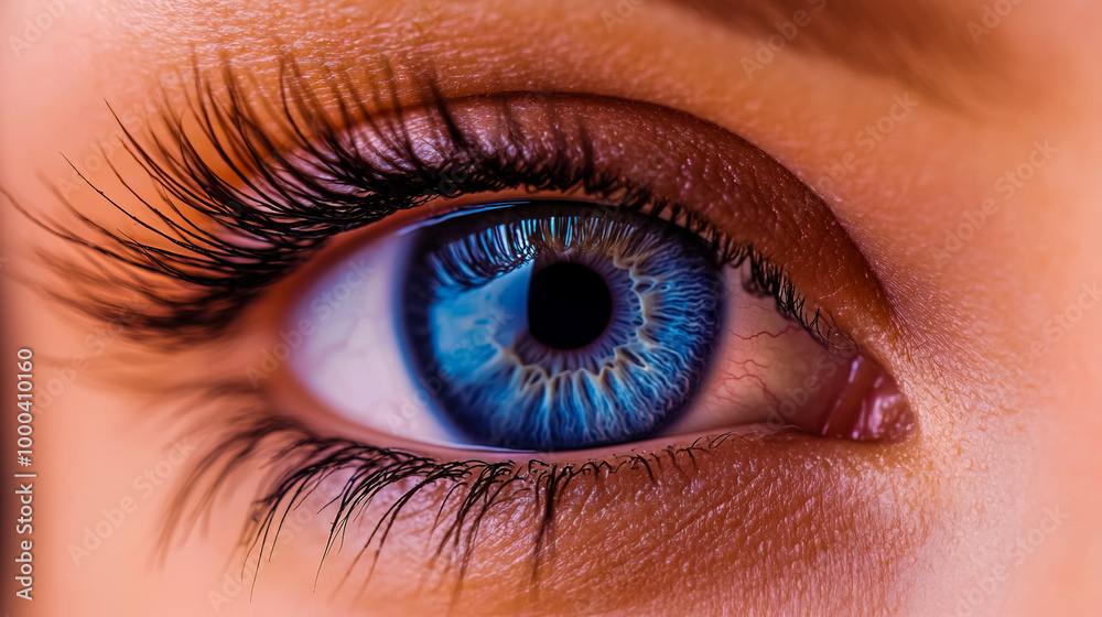 Fototapeta premium Macro close-up of a woman's eye with a rainbow-colored iris and long eyelashes.