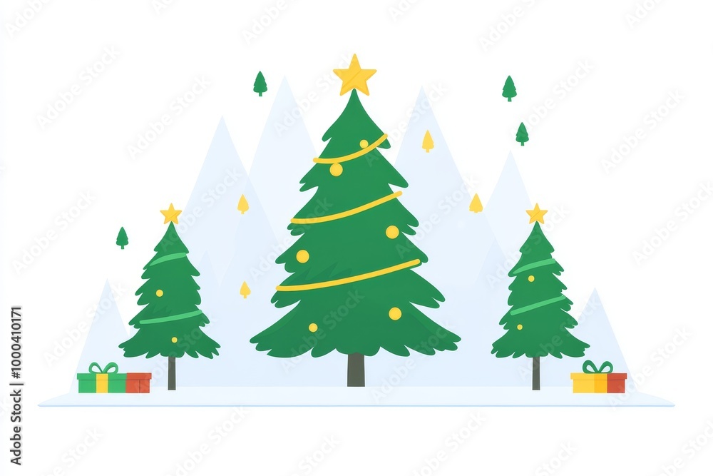 Fototapeta premium Two Christmas trees adorned with stars and presents beneath them set in a snowy landscape symbolizing traditional holiday decor family celebrations and festive winter joy