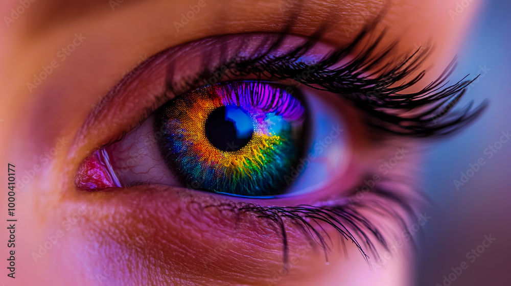 Macro close-up of a woman's eye with a rainbow-colored iris and long eyelashes. Macro close-up of a woman's eye with a rainbow-colored iris and long eyelashes.