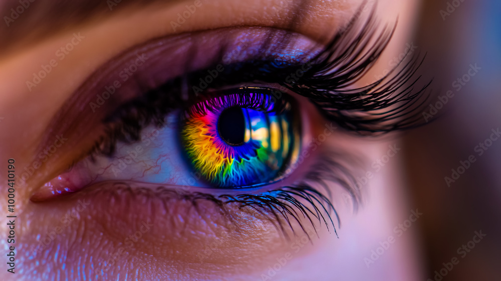 Fototapeta premium Macro close-up of a woman's eye with a rainbow-colored iris and long eyelashes.