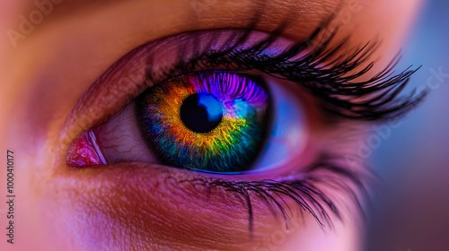 Macro close-up of a woman's eye with a rainbow-colored iris and long eyelashes.