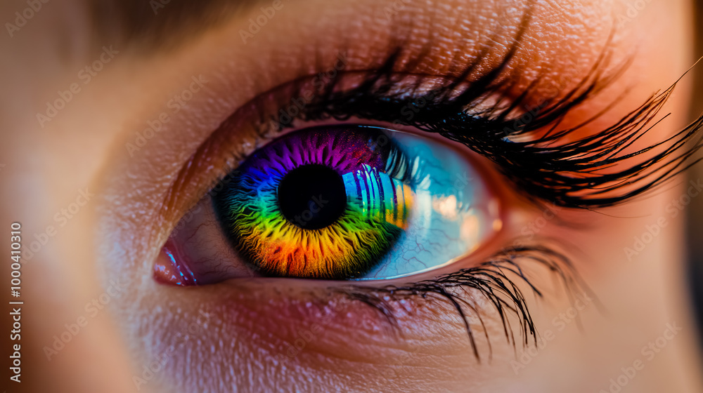 Macro close-up of a woman's eye with a rainbow-colored iris and long eyelashes. Macro close-up of a woman's eye with a rainbow-colored iris and long eyelashes.