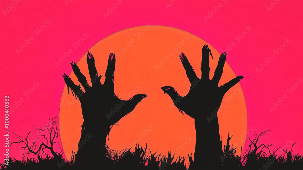 Two zombie hands reaching up against a bright orange and pink sunset. Two zombie hands reaching up against a bright orange and pink sunset.
