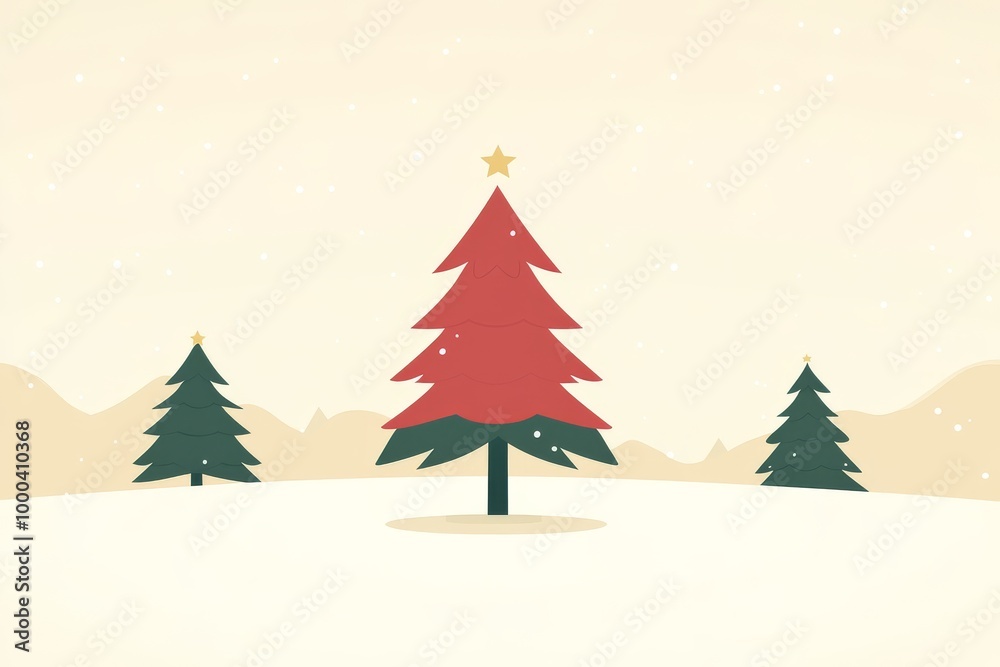 Fototapeta premium Simple Christmas tree decorated with ornaments and stars standing in a snowy landscape with mountains in the background evoking peaceful winter holiday scenes and festive joy