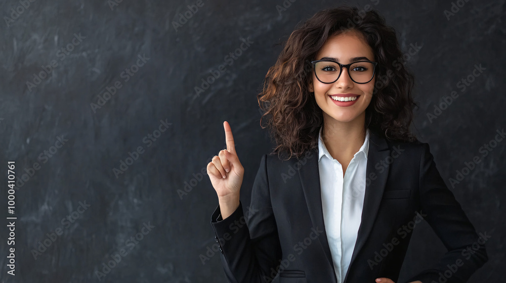 Smiling businesswoman pointing upwards against a dark background