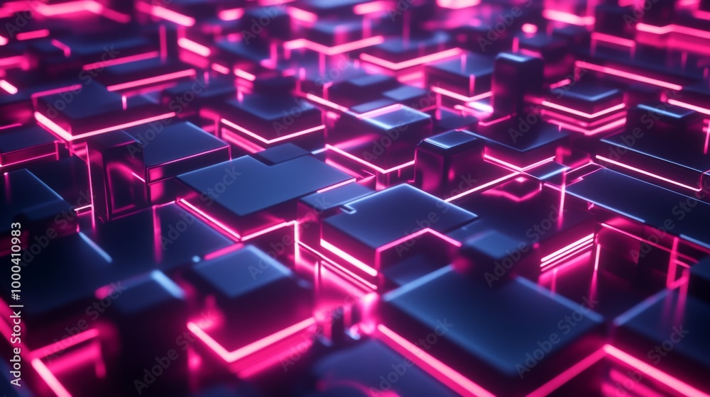 Futuristic Neon Grid with Glowing Pink and Blue Geometric Shapes in Abstract Digital Background. Futuristic Neon Grid with Glowing Pink and Blue Geometric Shapes in Abstract Digital Background.