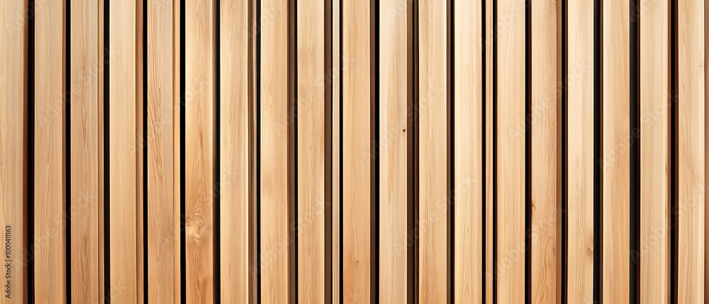 Naklejka premium Wall made of wooden panels. Vertical wooden slats for facade cladding. Timber stripes made of beige pine. A modern plank surface for interior and exterior design. 