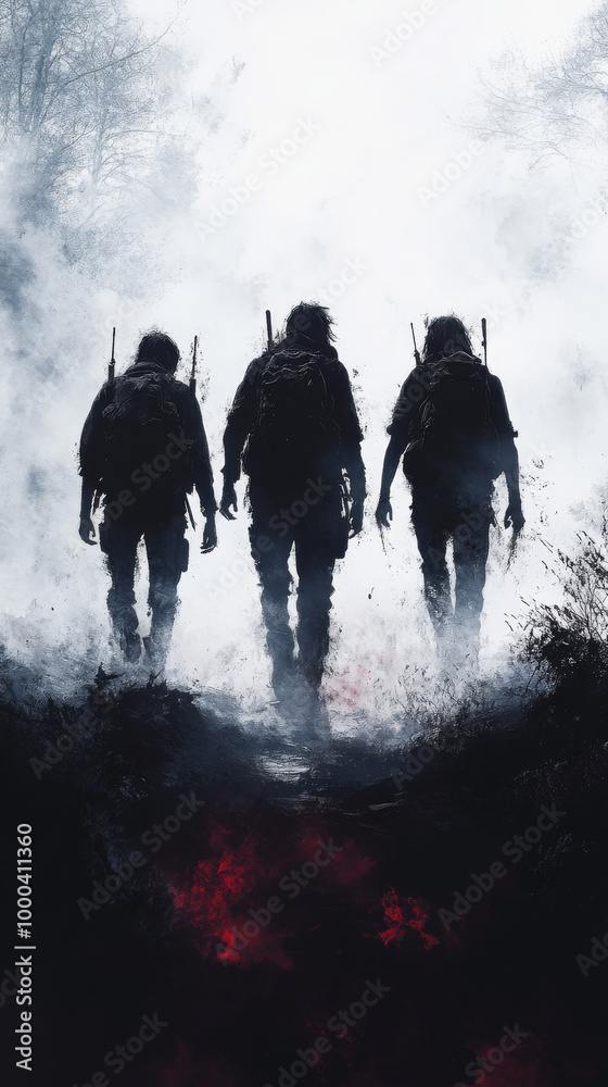 Silhouettes of three people walking through a foggy forest.
