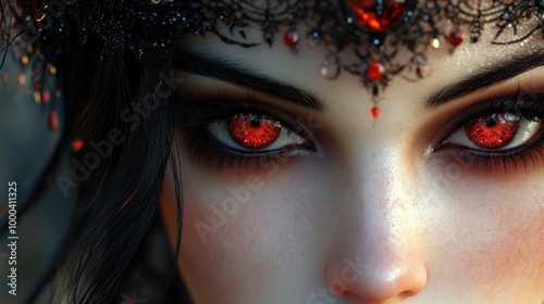 A ghostly woman with dark, elaborate makeup and an unusual crown, her face is painted to evoke a sense of horror and magic, with a devilish design.