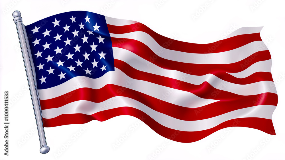 Fototapeta premium The flag is depicted with its iconic red and white stripes and blue field with white stars, in a flat and clear style.