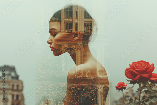 Surreal digital artwork depicting a young woman with double exposure of architecture and roses, symbolizing metaphysics