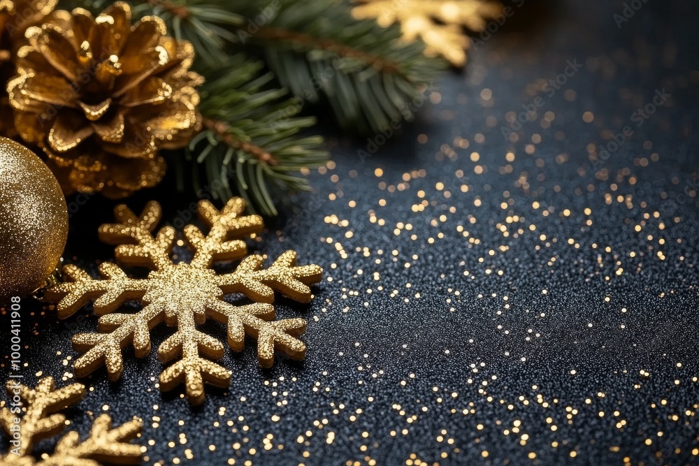 Golden pinecones and glittery snowflakes arranged on a textured black surface capturing luxurious winter holiday decor elegant festive design and warm seasonal charm Golden pinecones and glittery snowflakes arranged on a textured black surface capturing luxurious winter holiday decor elegant festive design and warm seasonal charm