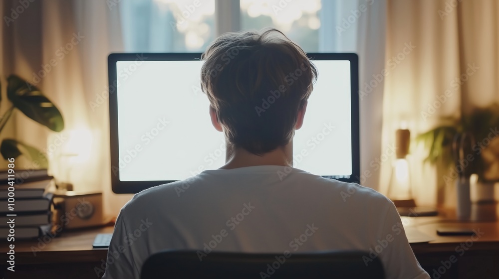 Over shoulder shot of a young man using computer laptop Over shoulder shot of a young man using computer laptop