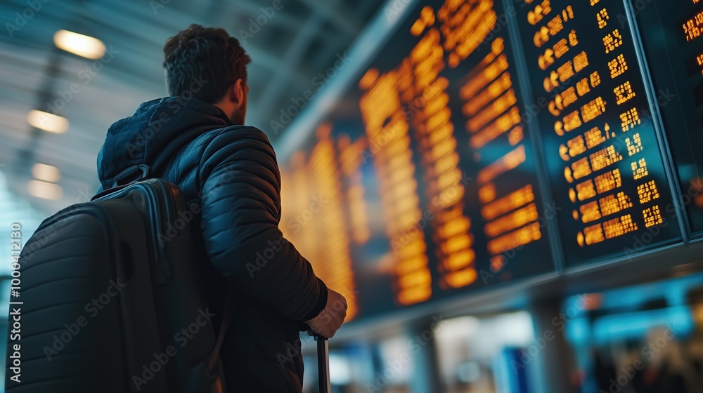 Traveling by airplane. Man waiting in airport terminal.