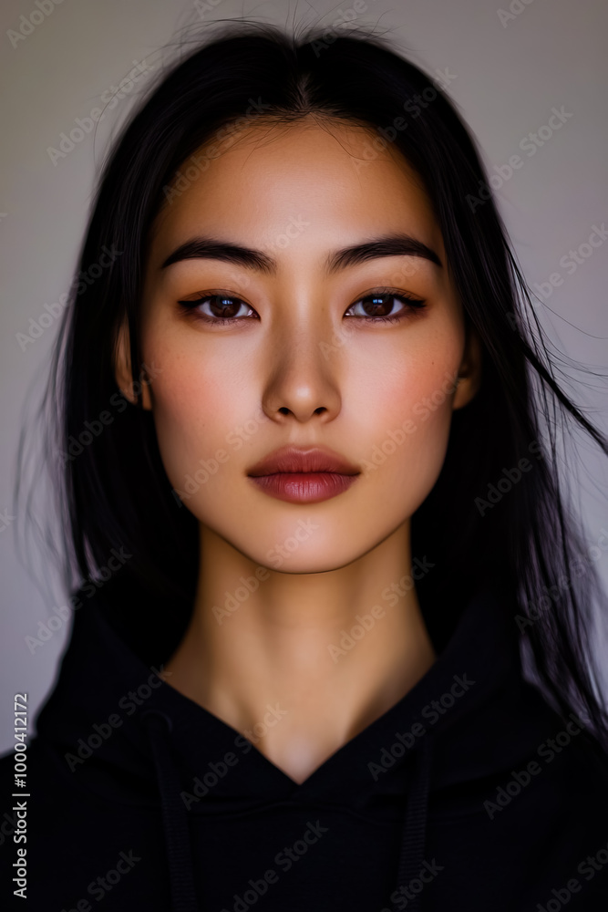 Photo of a 28-year-old Asian female with almond eyes and long black hair, styled in a sleek, natural look with no makeup.