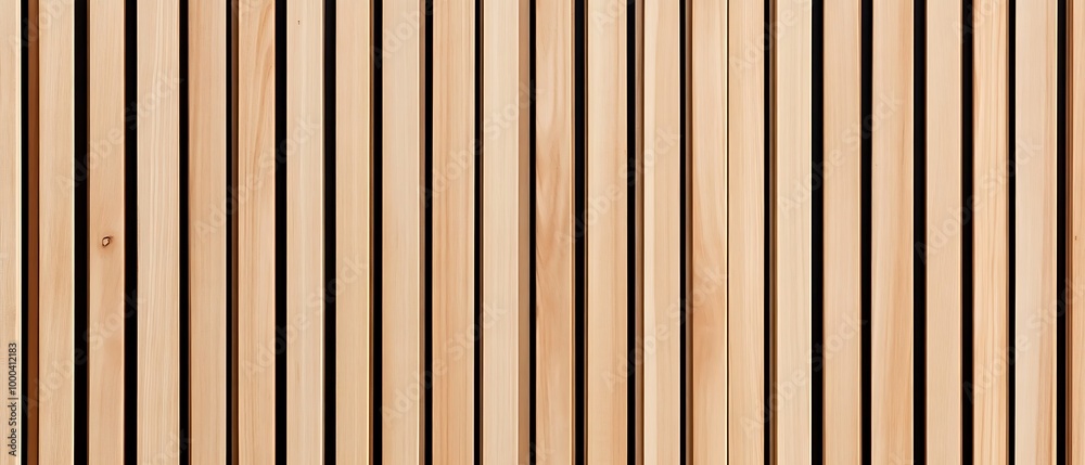 Naklejka premium Wall made of wooden panels. Vertical wooden slats for facade cladding. Timber stripes made of beige pine. A modern plank surface for interior and exterior design. 