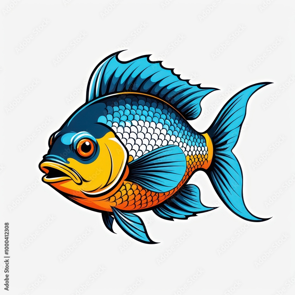 A vibrant, stylized illustration of a fish with colorful scales and fins. A vibrant, stylized illustration of a fish with colorful scales and fins.