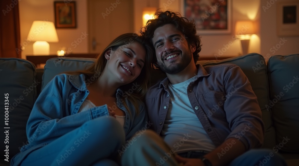 Young lovely couple hugging on couch in home living room watching a movie on movie date night Young lovely couple hugging on couch in home living room watching a movie on movie date night