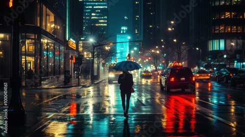 A lone pedestrian walks with an umbrella in a rainy city street at night. photo