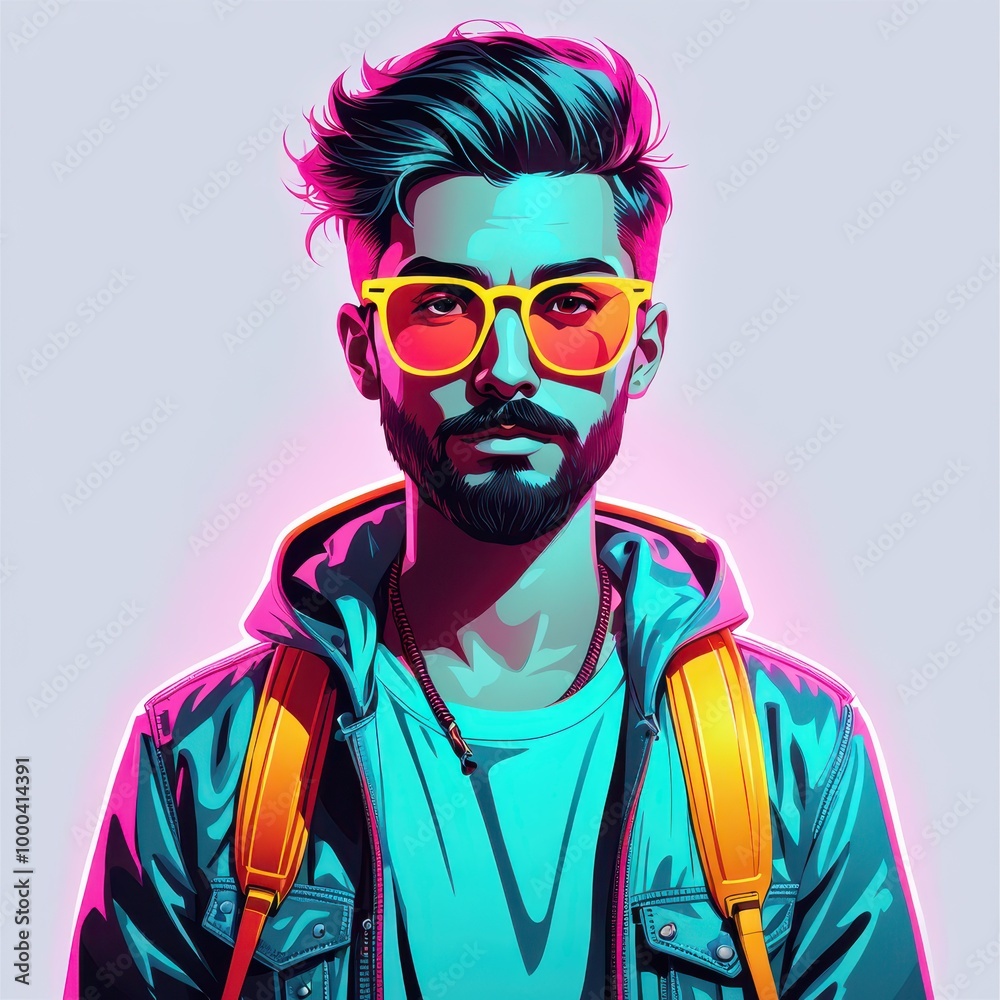 A vibrant, stylized portrait of a young man with sunglasses and a backpack, exuding a modern vibe. A vibrant, stylized portrait of a young man with sunglasses and a backpack, exuding a modern vibe.