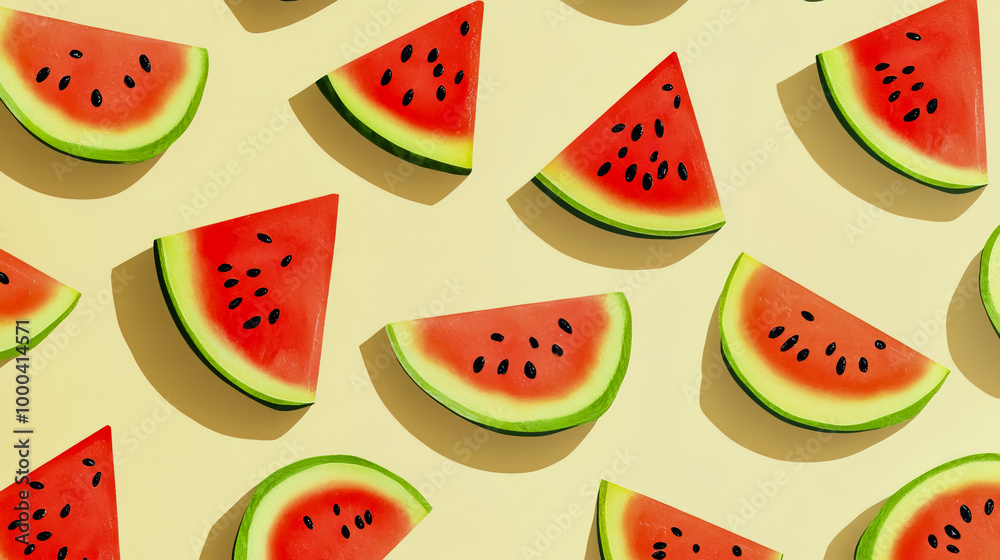 Seamless pattern featuring watermelon slices on a light yellow background. Seamless pattern featuring watermelon slices on a light yellow background.