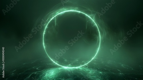 Mystical glowing green energy ring with an abstract dark background, creating a mysterious and futuristic design.