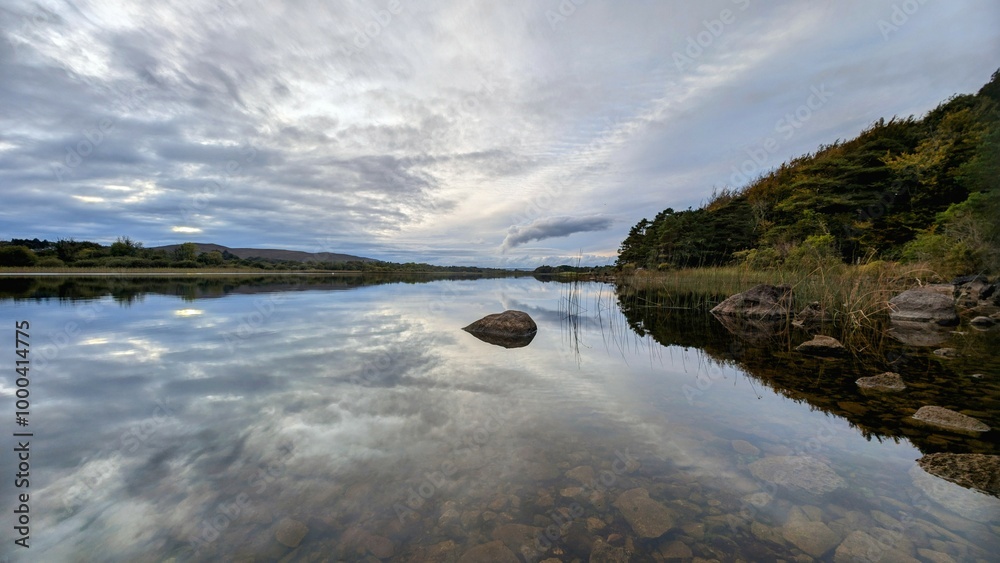 Beautiful lakeside landscape scenery with mirror reflection in Ross lake at Rosccahill, Galway, Ireland
