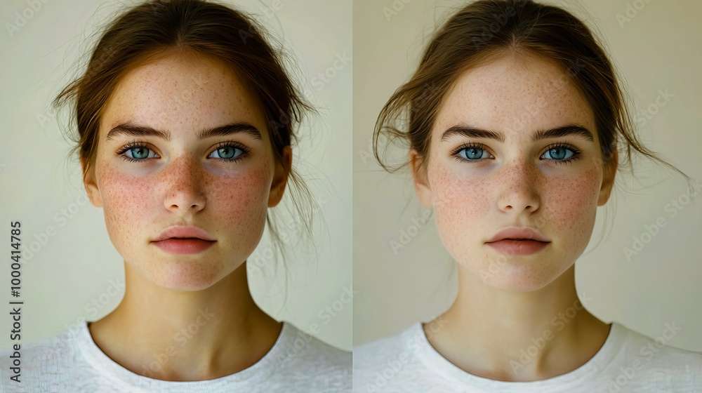Portrait of a young woman in casual clothing, showcasing her skin before and after treatment. Portrait of a young woman in casual clothing, showcasing her skin before and after treatment.