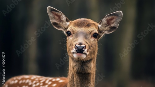 A deer with white spots on its face is staring at the camera. The image has a moody and mysterious feel to it, as the deer's gaze seems to be focused on something beyond the frame