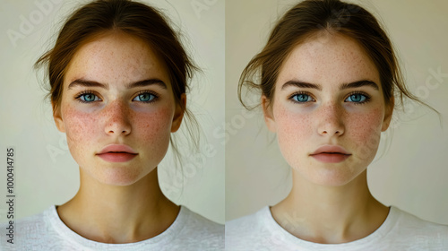 Portrait of a young woman in casual clothing, showcasing her skin before and after treatment.