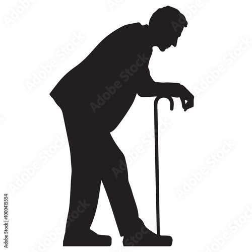 Silhouette of a man leaning on a walking cane vector on a white background