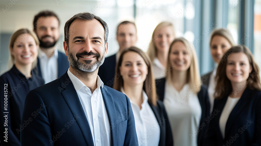 Corporate leader shares a smile with his team in a contemporary office setting Corporate leader shares a smile with his team in a contemporary office setting