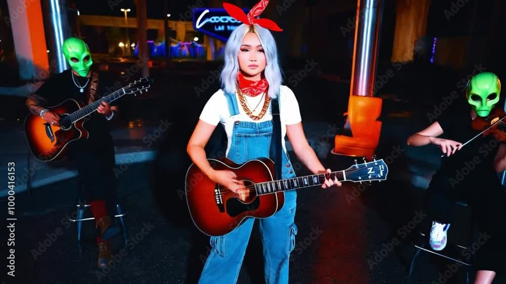 garota vocalista com músicos com cabeça de ET