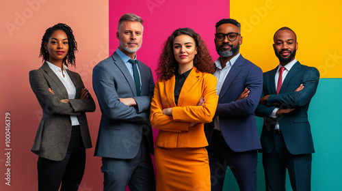 Diverse group of professionals is standing with arms crossed, showcasing teamwork and confidence